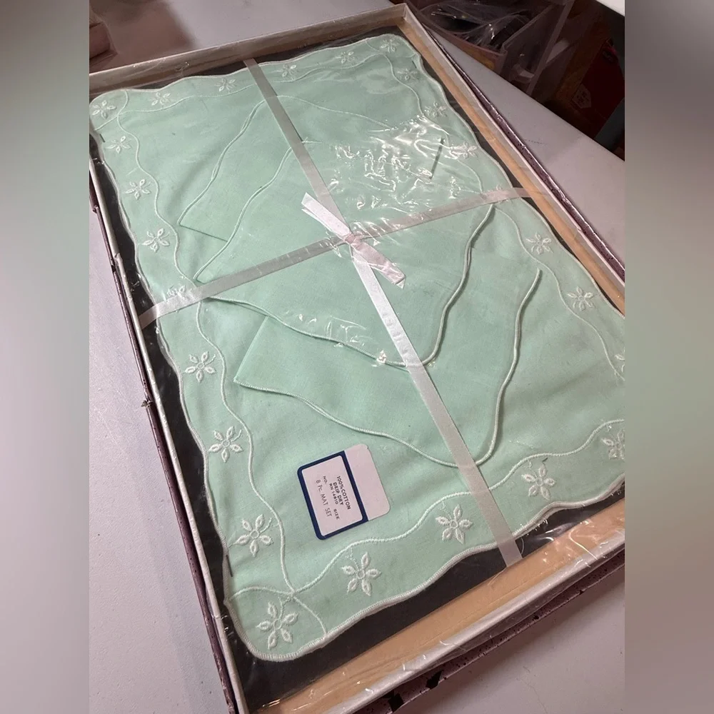 Vintage Mint Green Cotton Placemat & Napkin Set – 8 Pieces NOS in Box